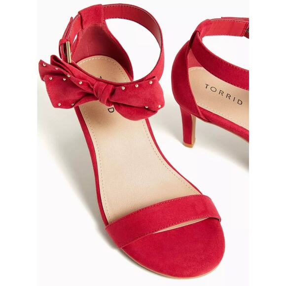 Torrid 8W Wide Width Red Faux Suede Open Toe Ankle Strap 3" Stiletto Heel Pumps - Picture 3 of 4